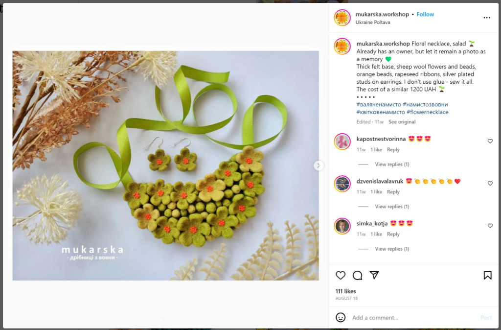 Floral Necklace by Mukarska Workshop - Instagram Screenshot