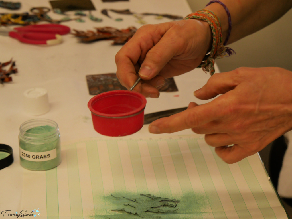 Laura Sifting Powdered Enamel onto Copper Piece @FanningSparks