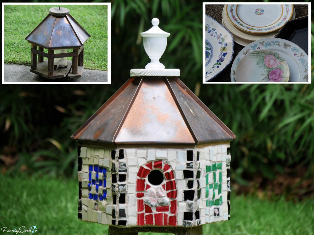 Broken China Covered Birdhouse Before and After   @FanningSparks