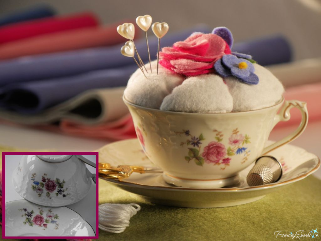 Teacup Pincushion Before and After   @FanningSparks