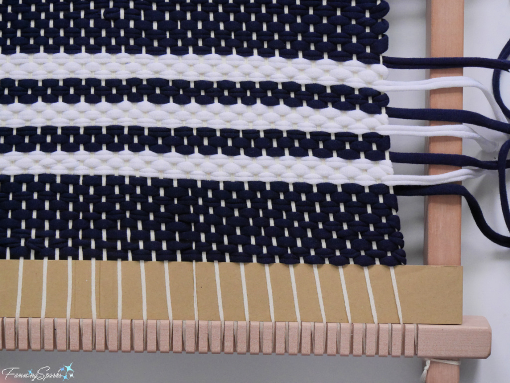 Woven Panel Made with Navy and White T-Shirt Yarn in Process   @FanningSparks