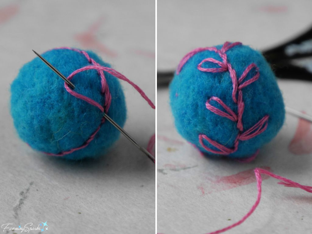 Lazy Daisy Stitch Around Center of Felted Wool Ball   @FanningSparks