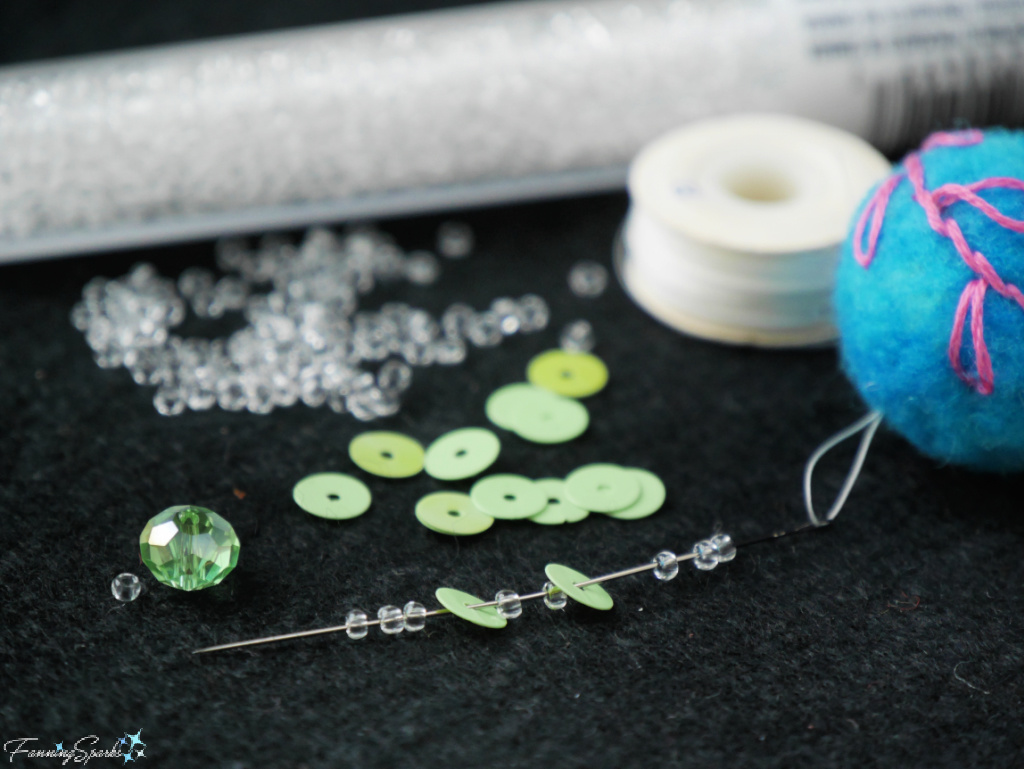 Sequin and Bead Flower in Progress on Felted Wool Ball   @FanningSparks