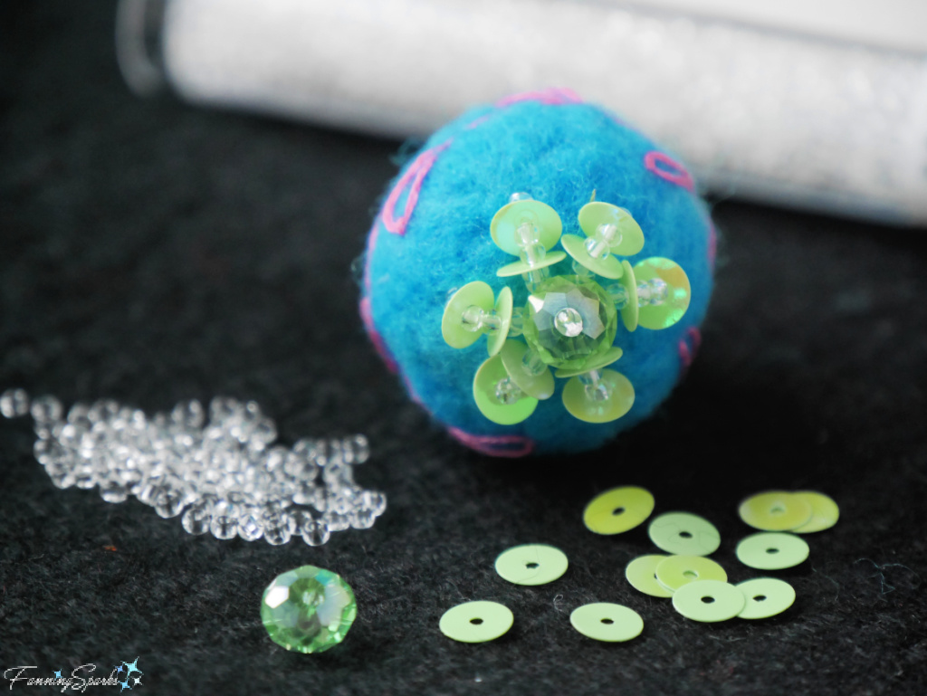 Sequin and Bead Flower on Felted Wool Ball   @FanningSparks