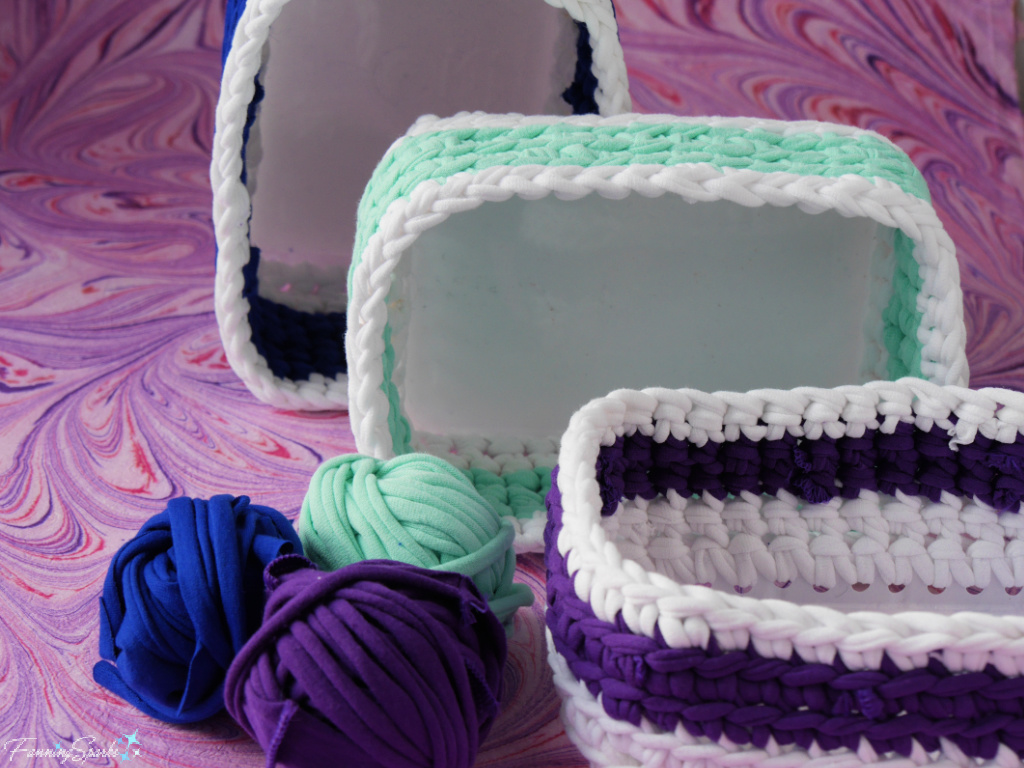 Three Finished T-Shirt Yarn Baskets with Balls of Yarn   @FanningSparks