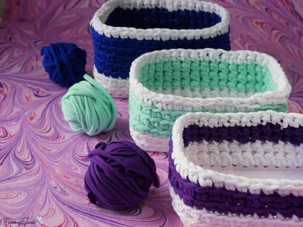 Three Finished T-Shirt Yarn Baskets with Yarn   @FanningSparks