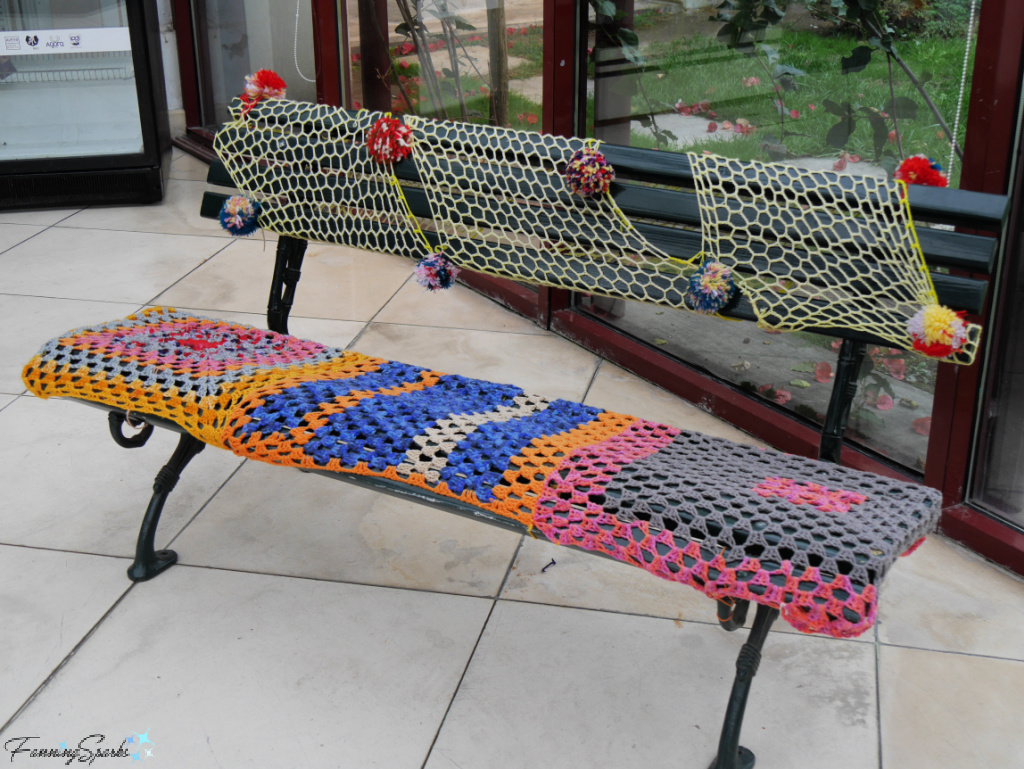 Bench Covered in Crochet Yarn Bomb at Municipal Library of Aveiro Portugal   @FanningSparks   