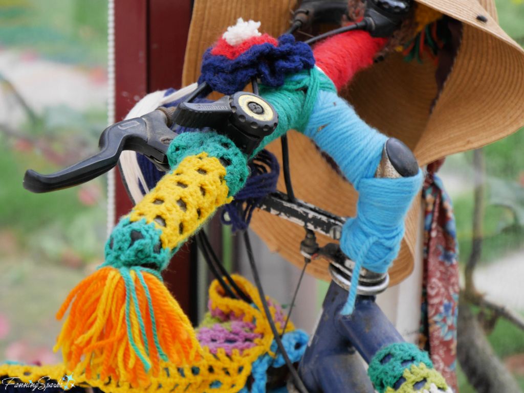 Bicycle Handlebars in Crochet Yarn Bomb at Municipal Library of Aveiro Portugal   @FanningSparks   