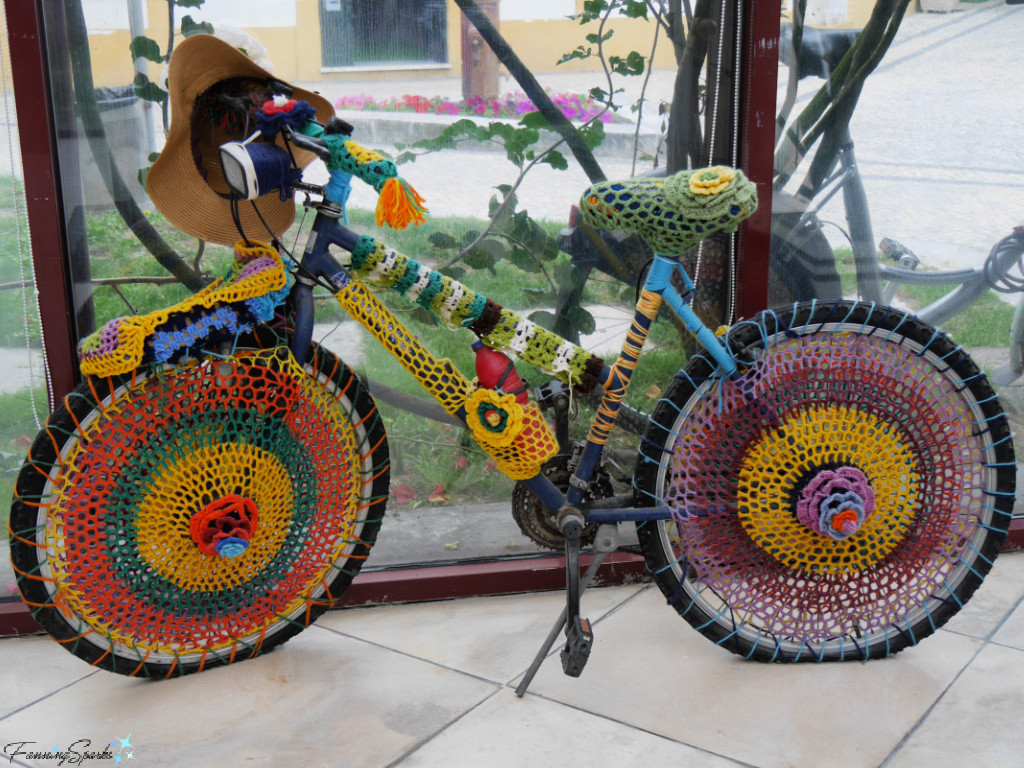 Bicycle in Crochet Yarn Bomb at Municipal Library of Aveiro Portugal     @FanningSparks   