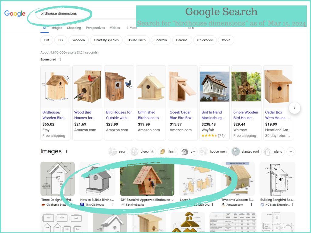 Google Search Results for Birdhouse Dimensions on March 15 2024   @FanningSparks