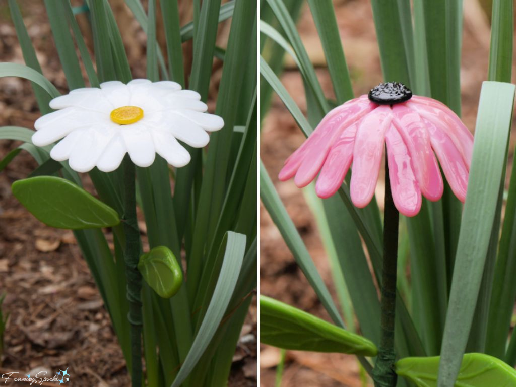 My Fused Glass Daisy and Coneflower in Flower Bed   @FanningSparks