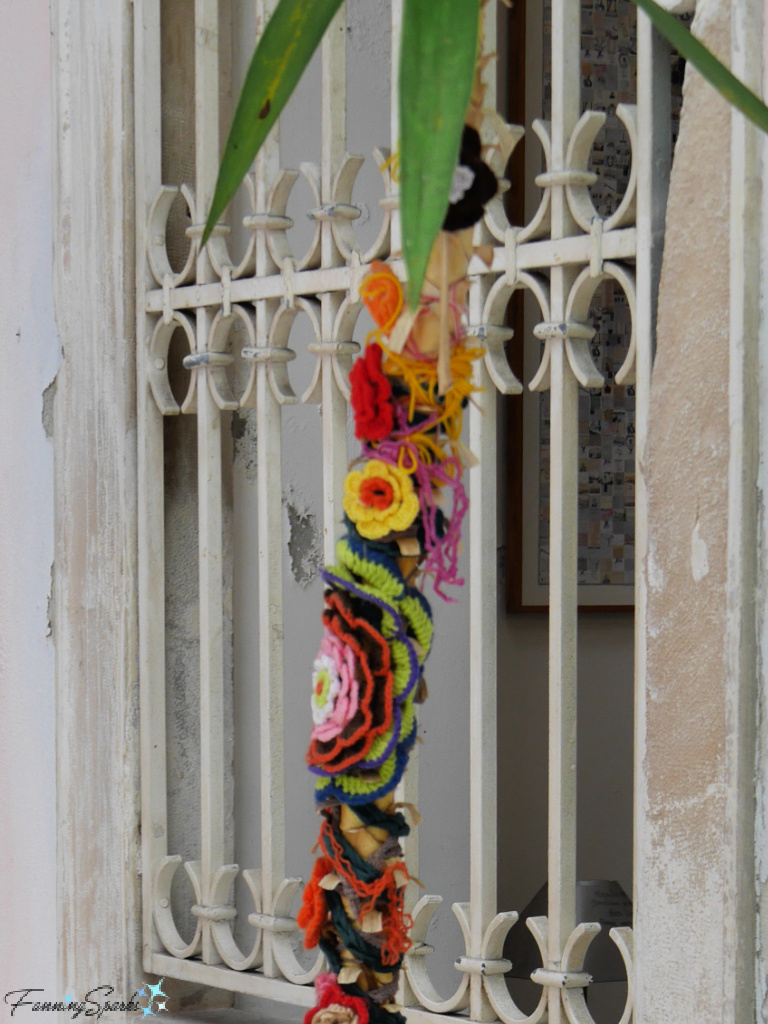 Plant Stem Covered in Crochet Yarn Bomb at Municipal Library of Aveiro Portugal   @FanningSparks   