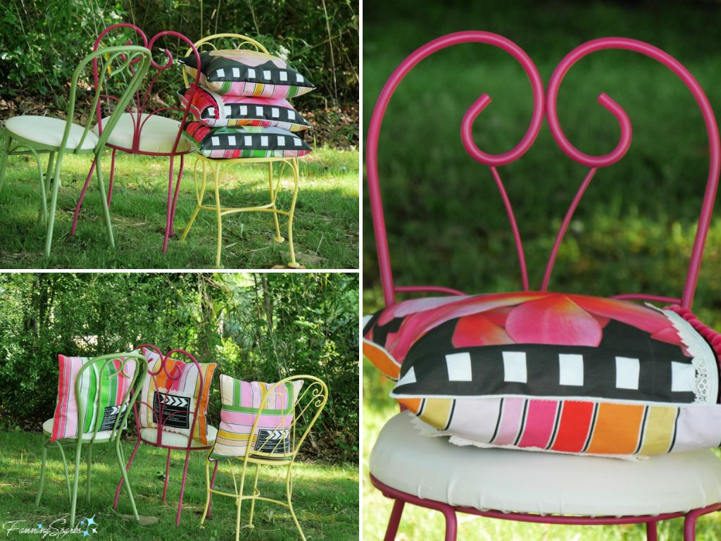 Our Colorful Bistro Chairs with Decorative Pillows   @FanningSparks