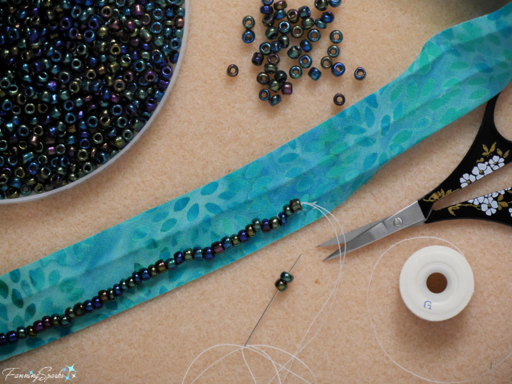 Sewing Base Row of Beads on Trim for Upcycled Accent Lamp Shade   @FanningSparks