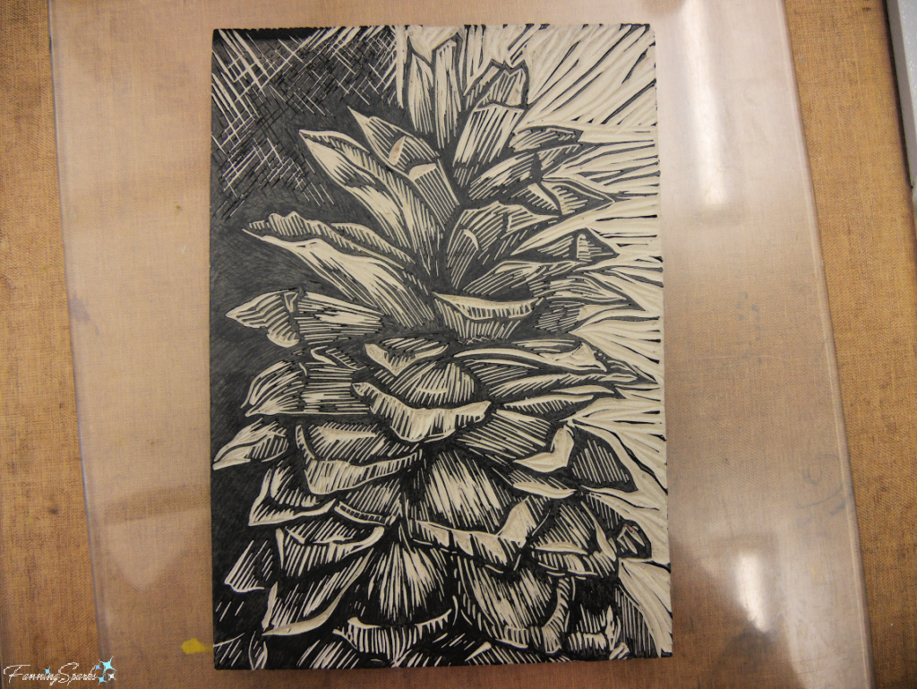 Finished Linoleum Carving of Pine Cone in Donald Martin Demonstration   @FanningSparks