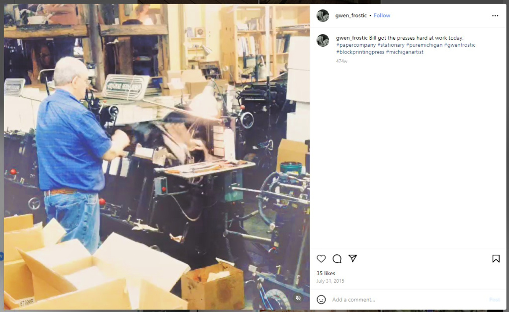 Printing Presses in Operation from Gwen Frostic Prints on Instagram   