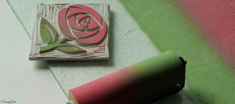 My Blended Rose Linocut Block with Brayer @FanningSparks