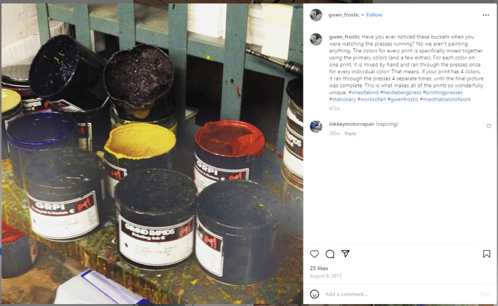 Printing Inks in Use from Gwen Frostic Prints on Instagram   