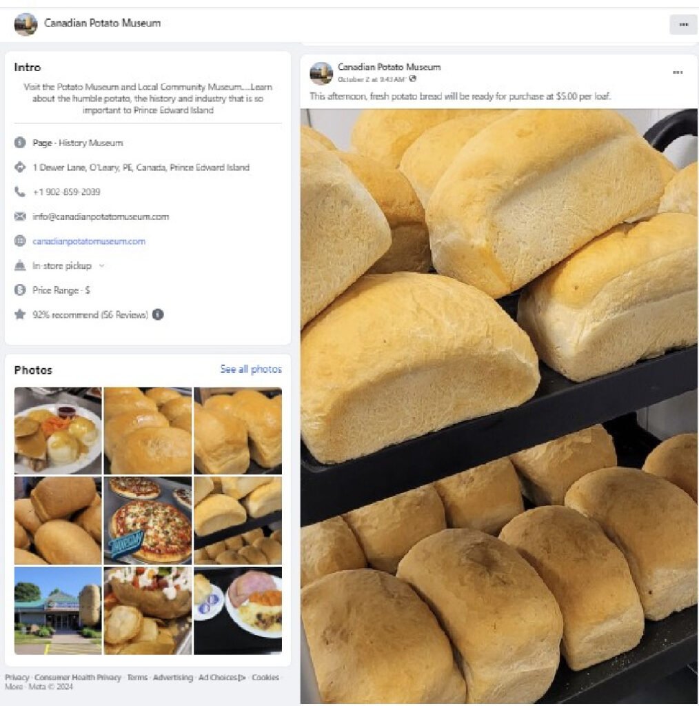 Potato Bread for Sale at Canadian Potato Museum - Facebook Post Oct 2024   