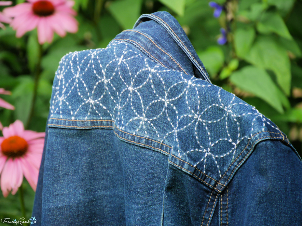 Finished Back Yoke on Denim Jacket in Shippo-tsunagi Seven Treasures Sashiko Stitching   @FanningSparks