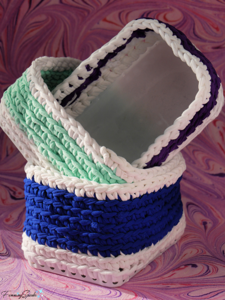 Three Finished T-Shirt Yarn Baskets with Yarn   @FanningSparks