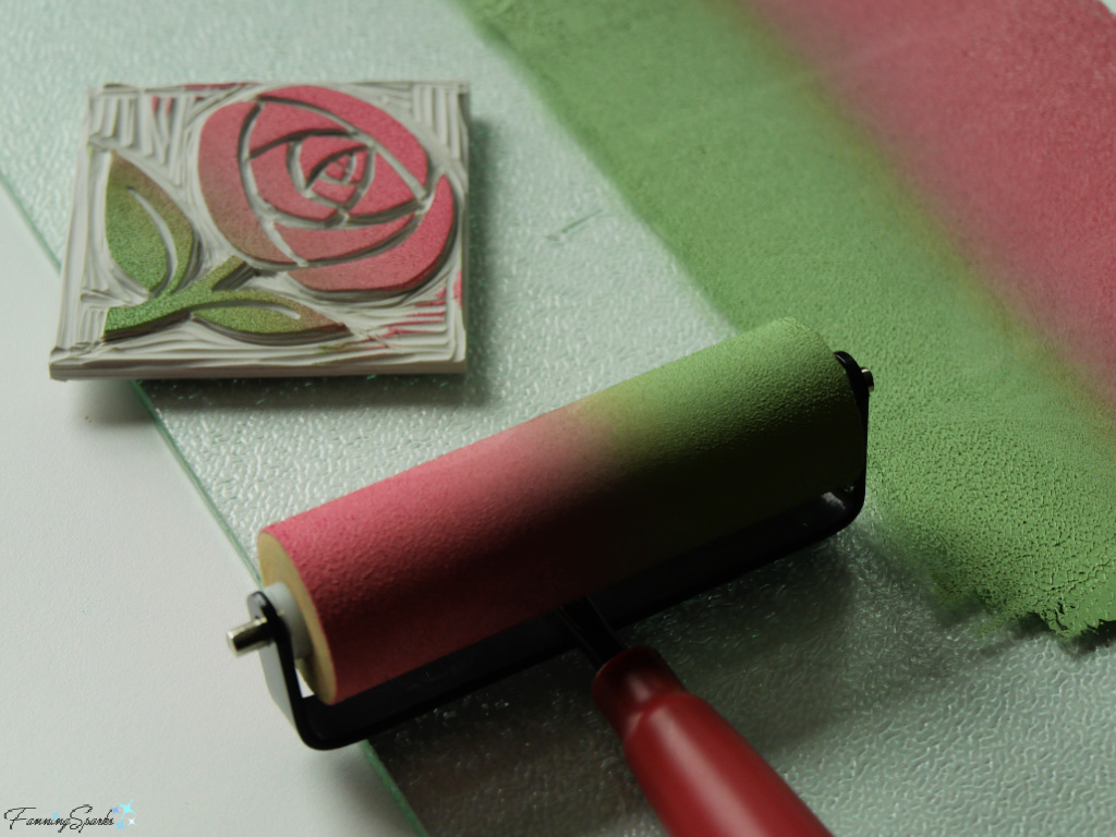 Color Blending Rose Motif on my Carved Linocut Block   @FanningSparks