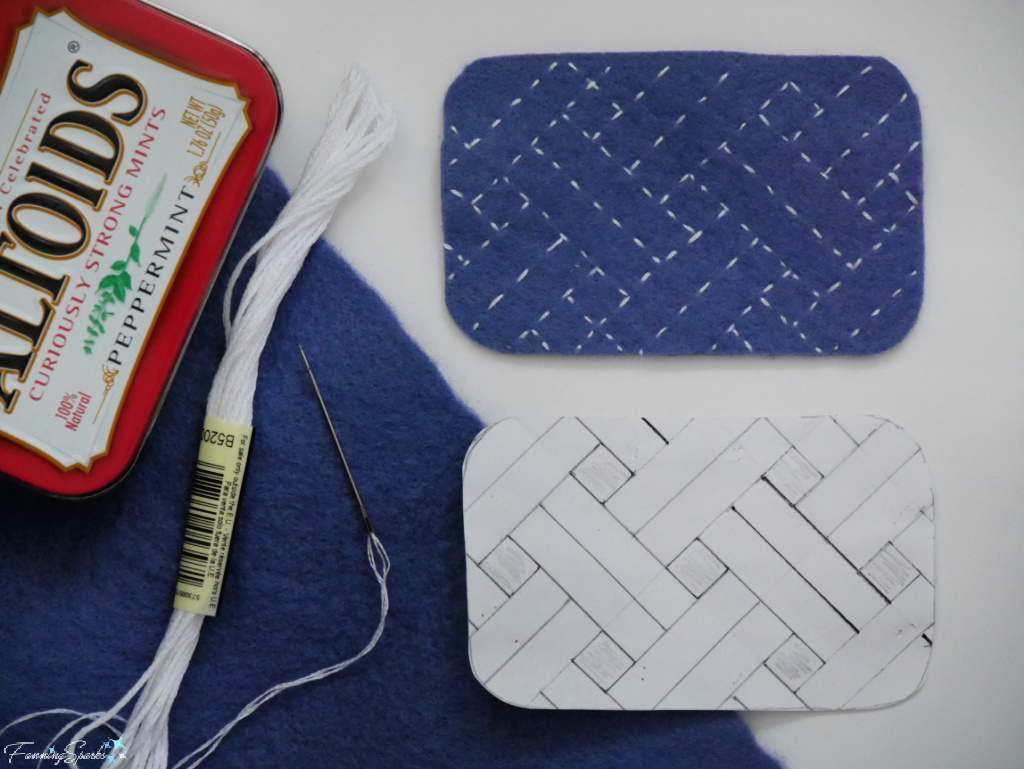 Sashiko Stitching for Cover of my Japan Travel Memories Mini Tin   @FanningSparks