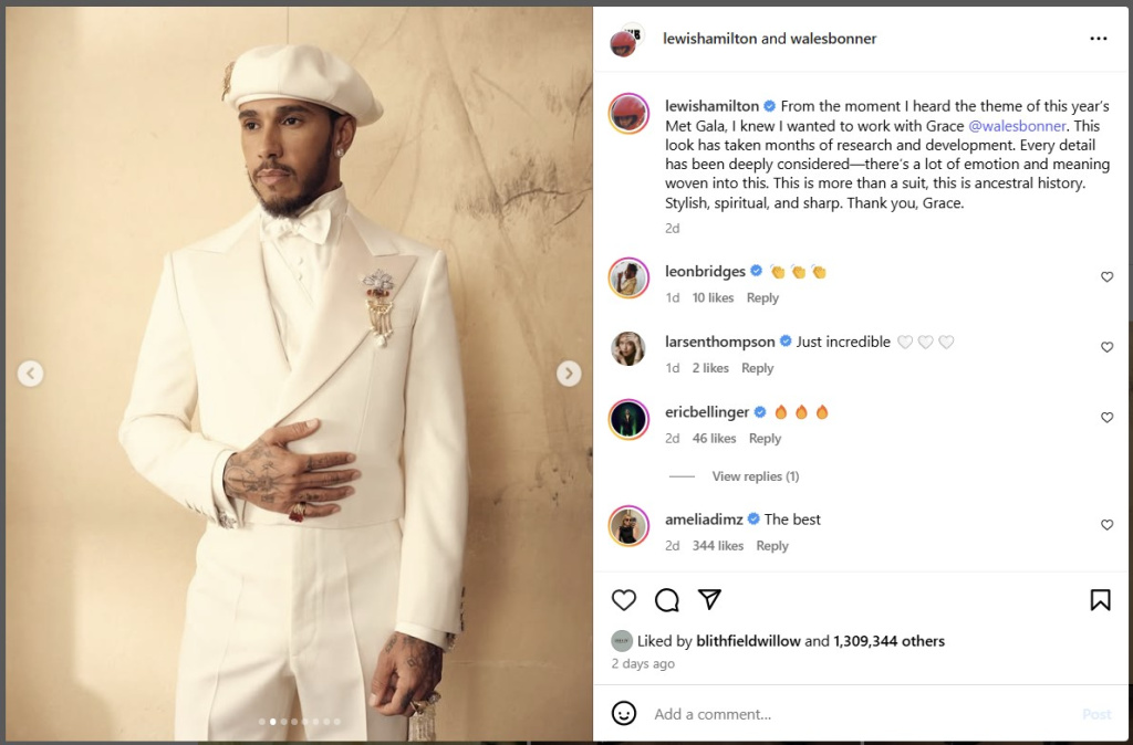 Lewis Hamilton at Met Gala 2025 - from Instagram