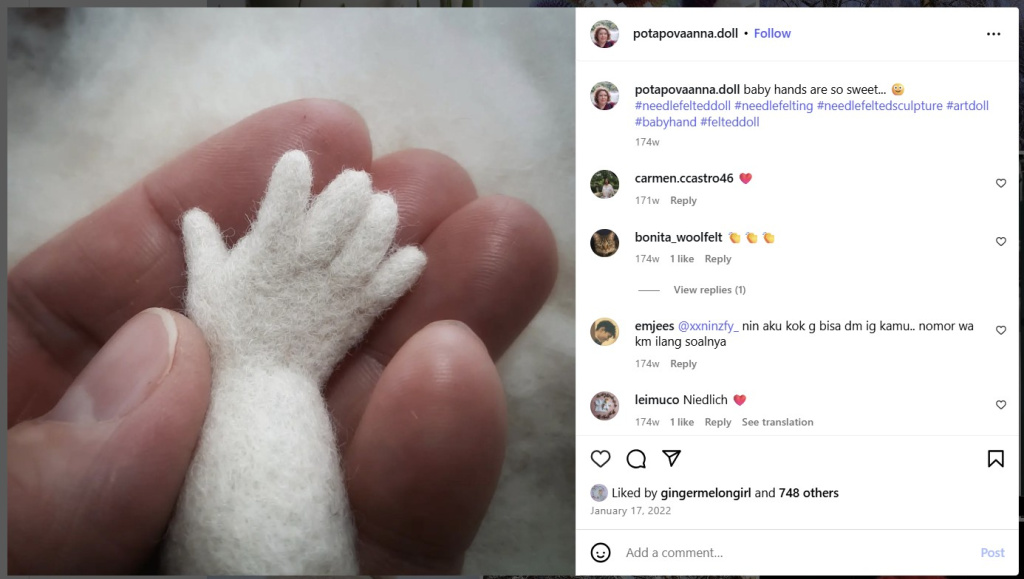 Needle Felted Baby Doll Hand by Anna Potapova - from Instagram