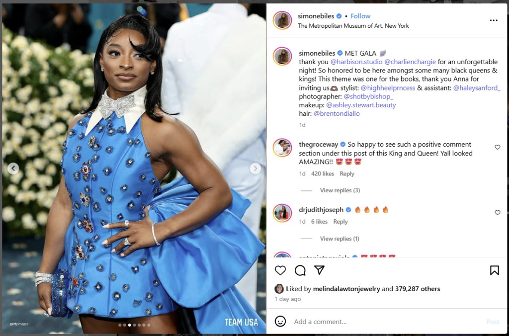Simone Biles at Met Gala 2025 - from Instagram