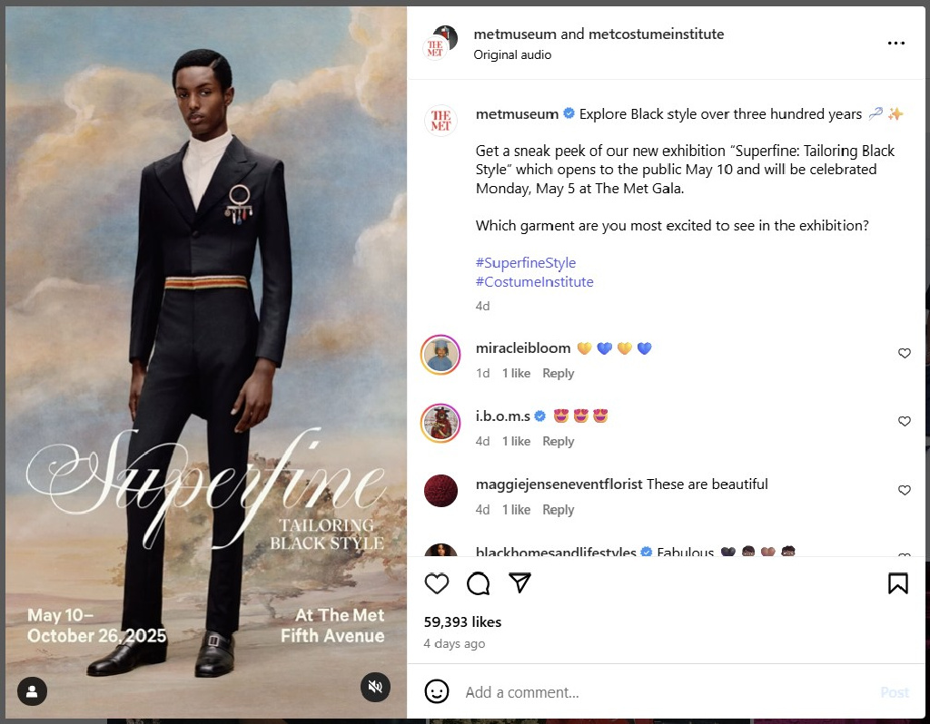 Superfine Tailoring Black Style Exhibition at Met Costume Institute - from Instagram