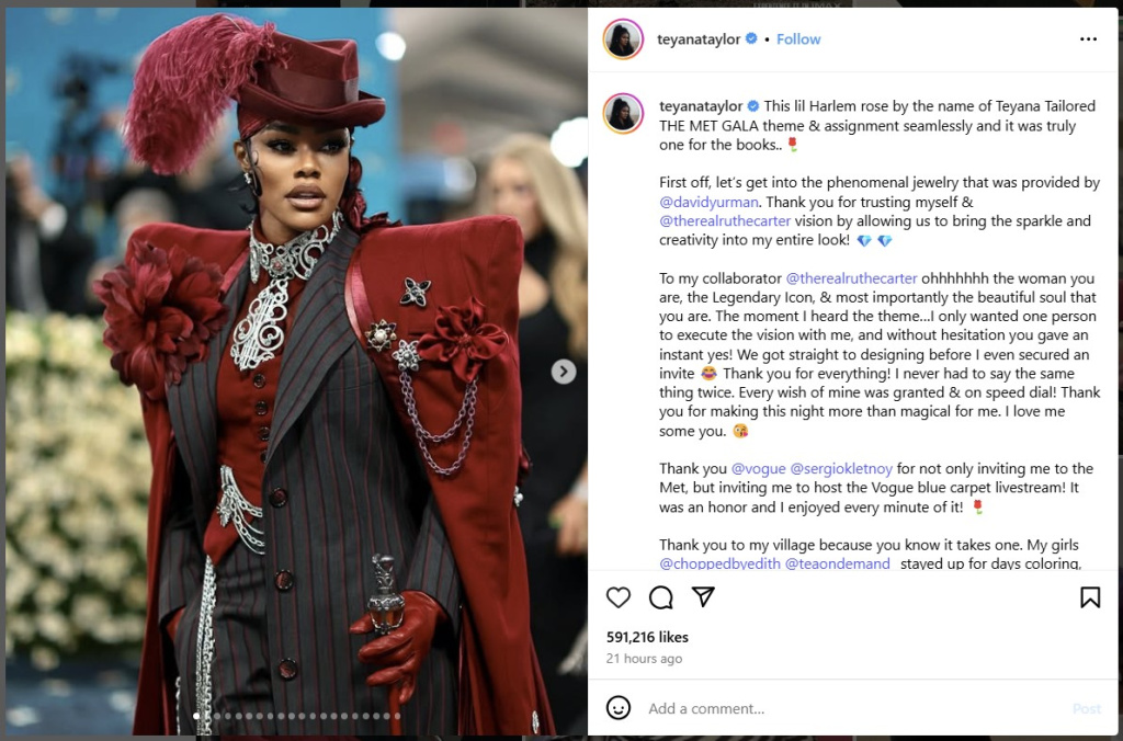 Teyana Taylor at Met Gala 2025 - from Instagram