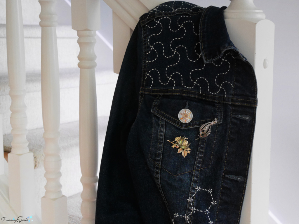  Vintage Brooches on My Sashiko Stitched Jacket  @FanningSparks