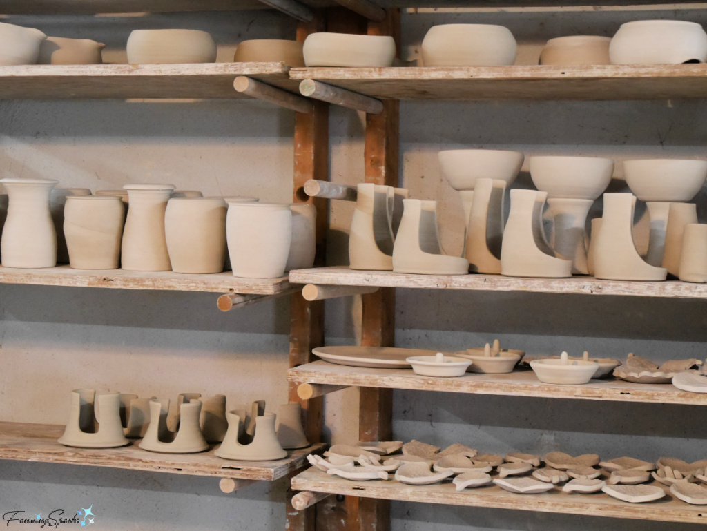 Shelves of Pottery in Progress at Mark of the Potter in Clarkesville Georgia   @FanningSparks