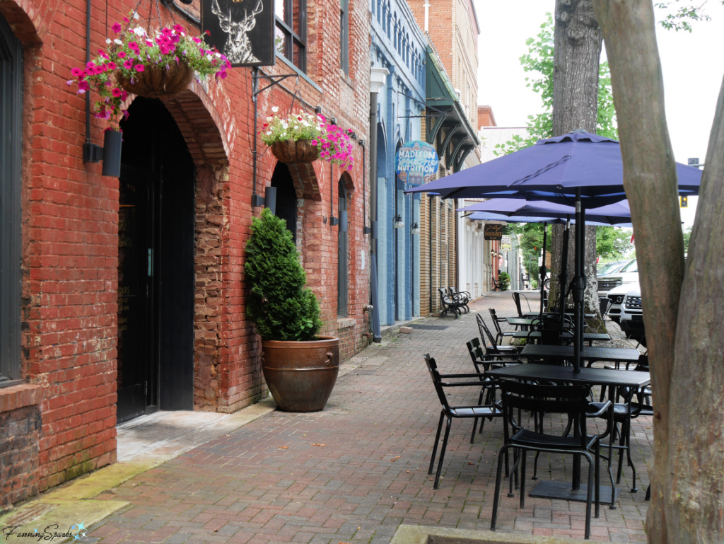 Umbrella Tables Along Sidewalk in Downtown Madison Georgia   @FanningSparks