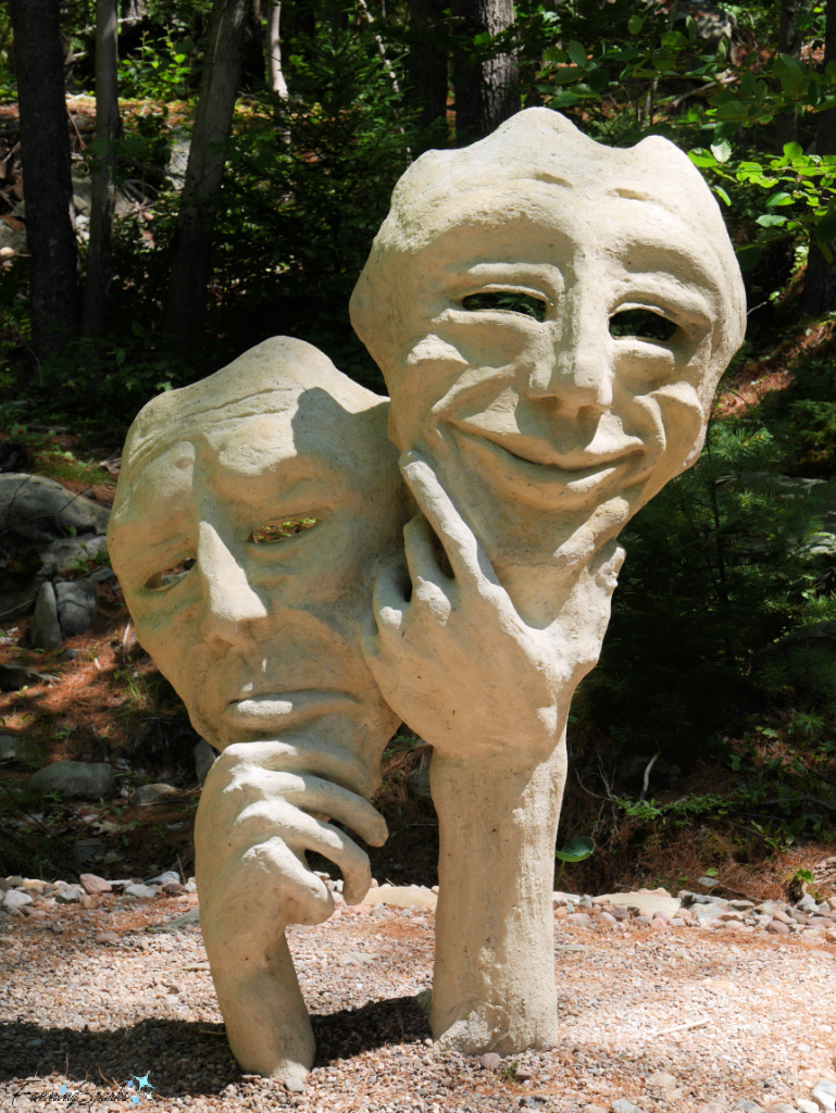 Comedy and Tragedy Sculpture Closeup by Ivan Higgins in Sculpture Garden Liverpool NS   @FanningSparks