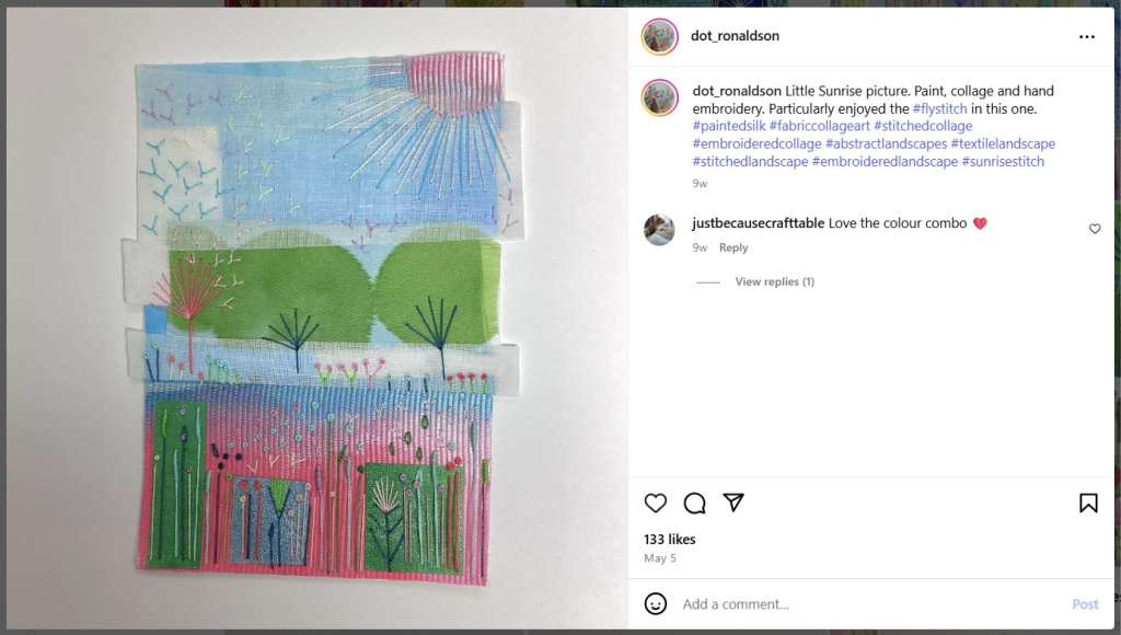 Little Sunrise Picture Embroidered Silk Textile Collage by Dot Ronaldson from Instagram
