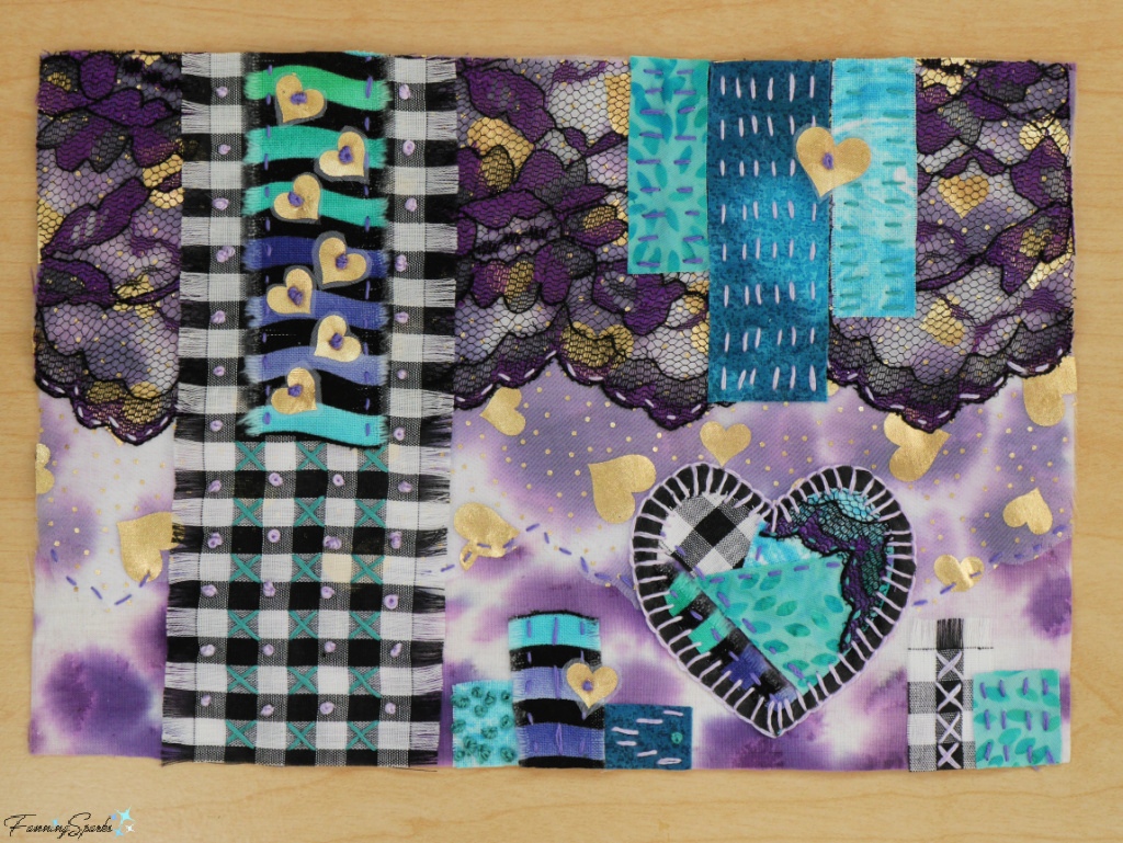 My Finished Patchwork Heart Textile Collage with Materials   @FanningSparks