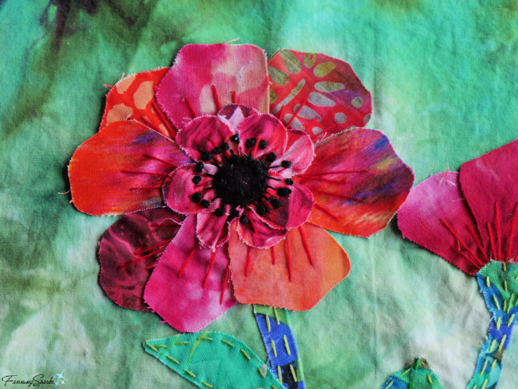 Red Flower Details Slow Stitched Fabric Collage by Silke Cliatt   @FanningSparks