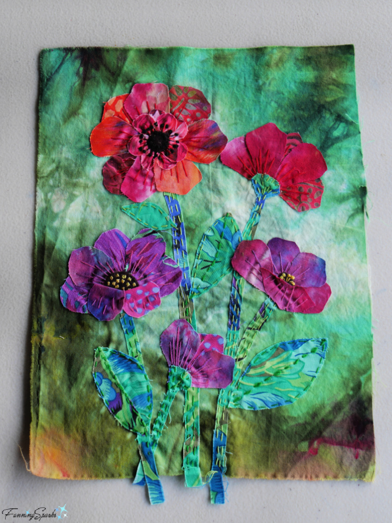 Red and Purple Flowers Slow Stitched Fabric Collage by Silke Cliatt   @FanningSparks