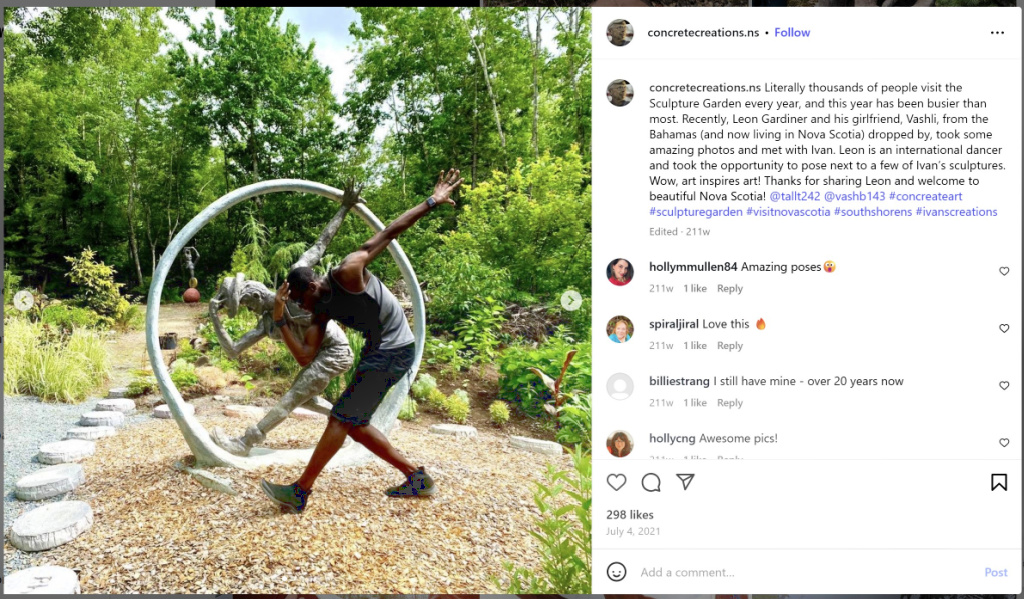 Visitor Leon Gardiner Mimics Ivan Higgins Sculpture in Liverpool NS – from Instagram