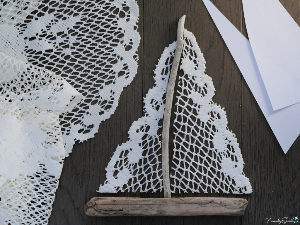 Mockup of Lace as Sails for My Signal Flag Driftwood Sailboat   @FanningSparks