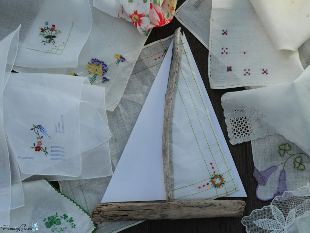 Mockup of Vintage Hankie as Sails for My Signal Flag Driftwood Sailboat   @FanningSparks