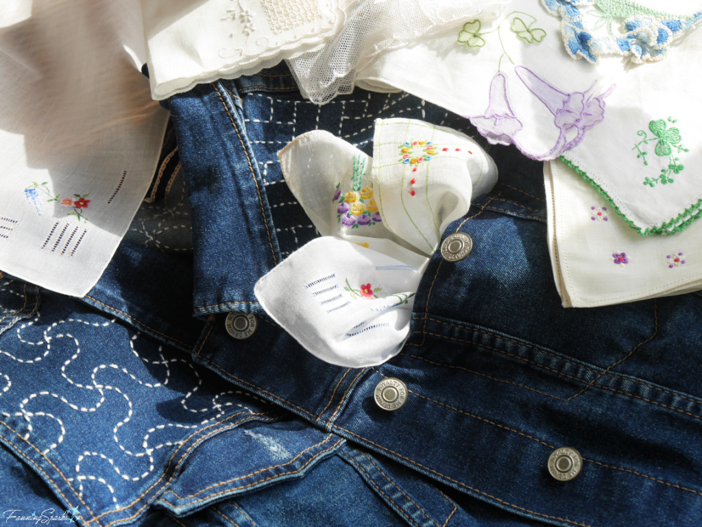My Selection of Vintage Handkerchiefs on Denim Jacket   @FanningSparks