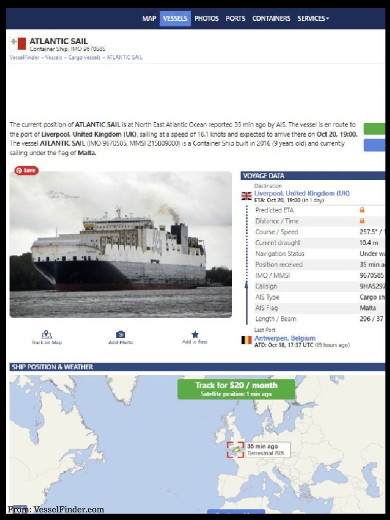 Atlantic Sail Entry - from VesselFinder Website   