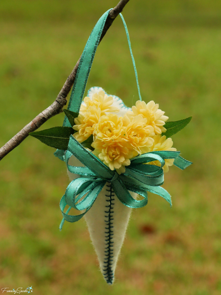 Closeup of Yellow Lady Banks Roses in Felted Wool Deluxe Floral Cone  @FanningSparks 