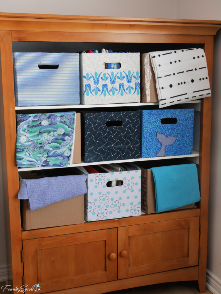 Auditioning Fabrics for Remaining Repurposed Cardboard Storage Bins   @FanningSparks