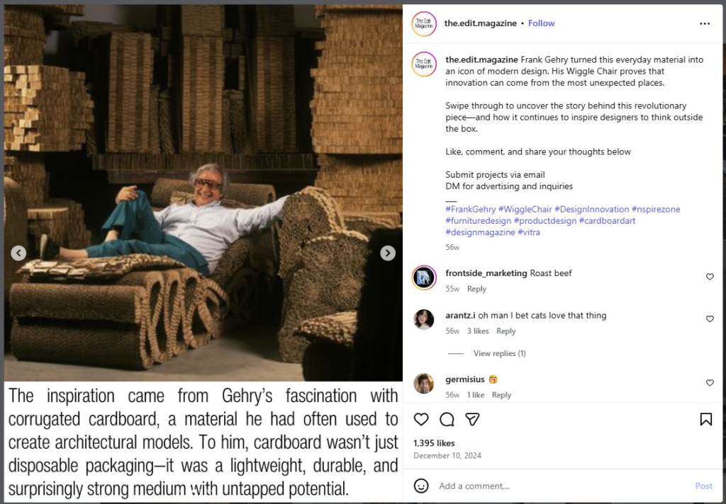 Frank Gehry on Cardboard Chair - from Insta