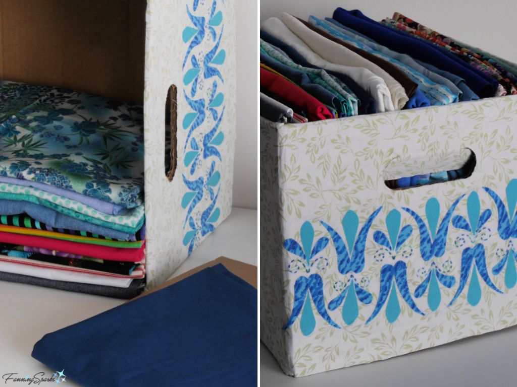 Repurposed Cardboard Storage Bin with Tulip Applique Filled with Fabric   @FanningSparks