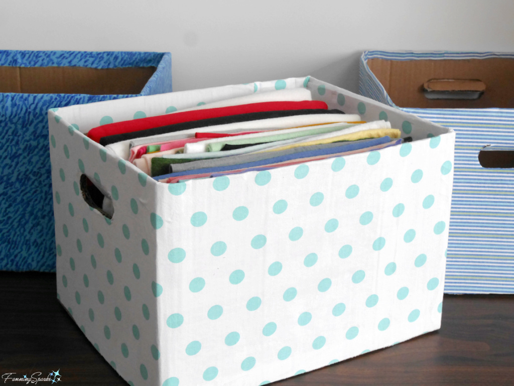 Repurposed Cardboard Storage Bins Filled with Fabric @FanningSparks